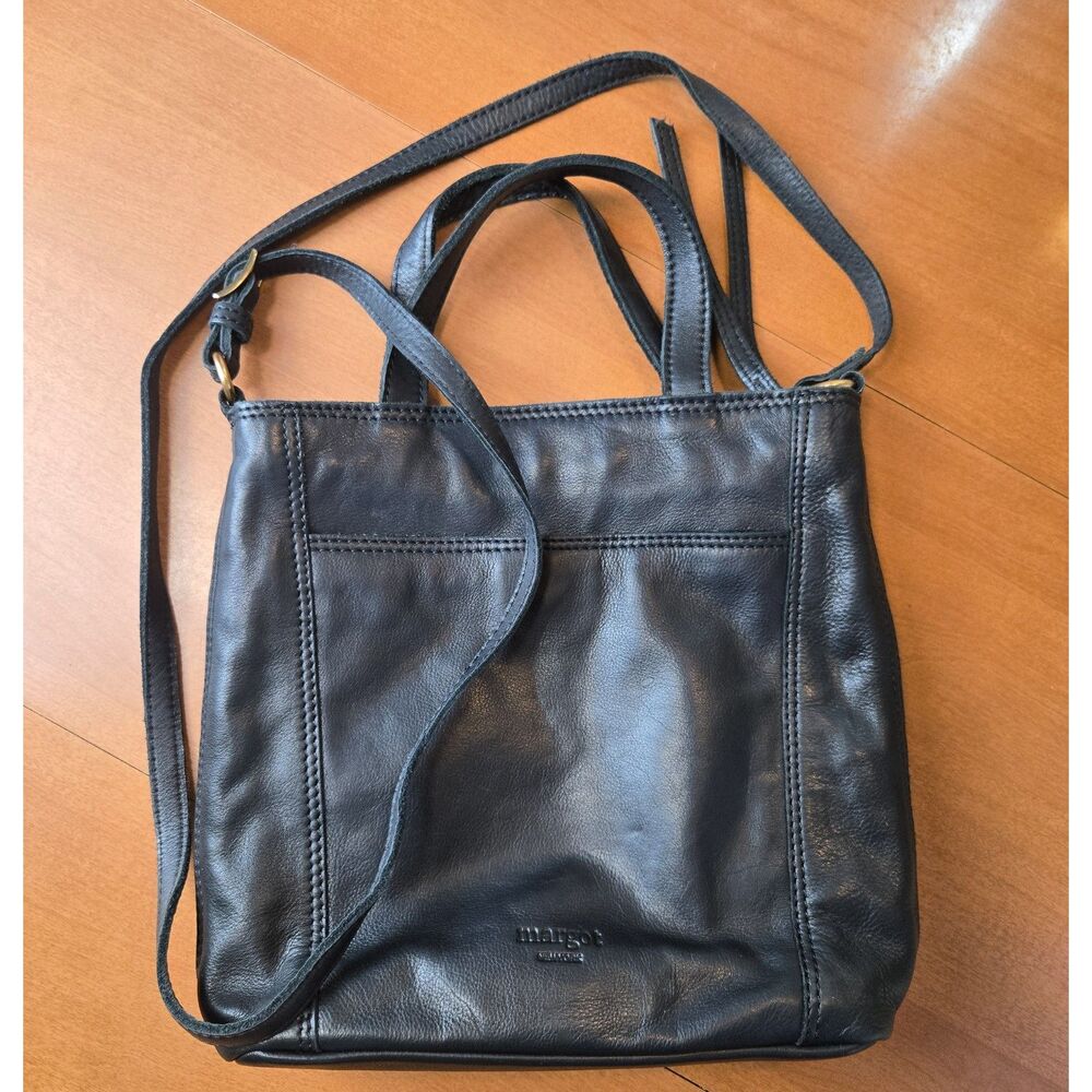 Margot New York Soft Black Grain Leather Crossbody Bag Dual Top Handles